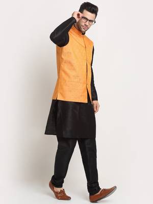 Black Silk Blend Kurta and churidar with Jacquard Peach Nehru jacket 4