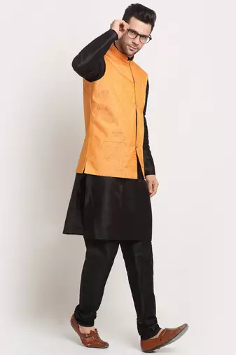 Black Silk Blend Kurta and churidar with Jacquard Peach Nehru jacket