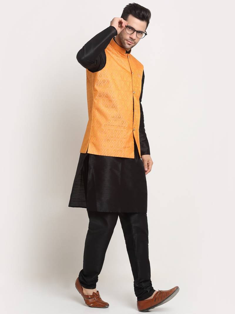 Black Silk Blend Kurta and churidar with Jacquard Peach Nehru jacket