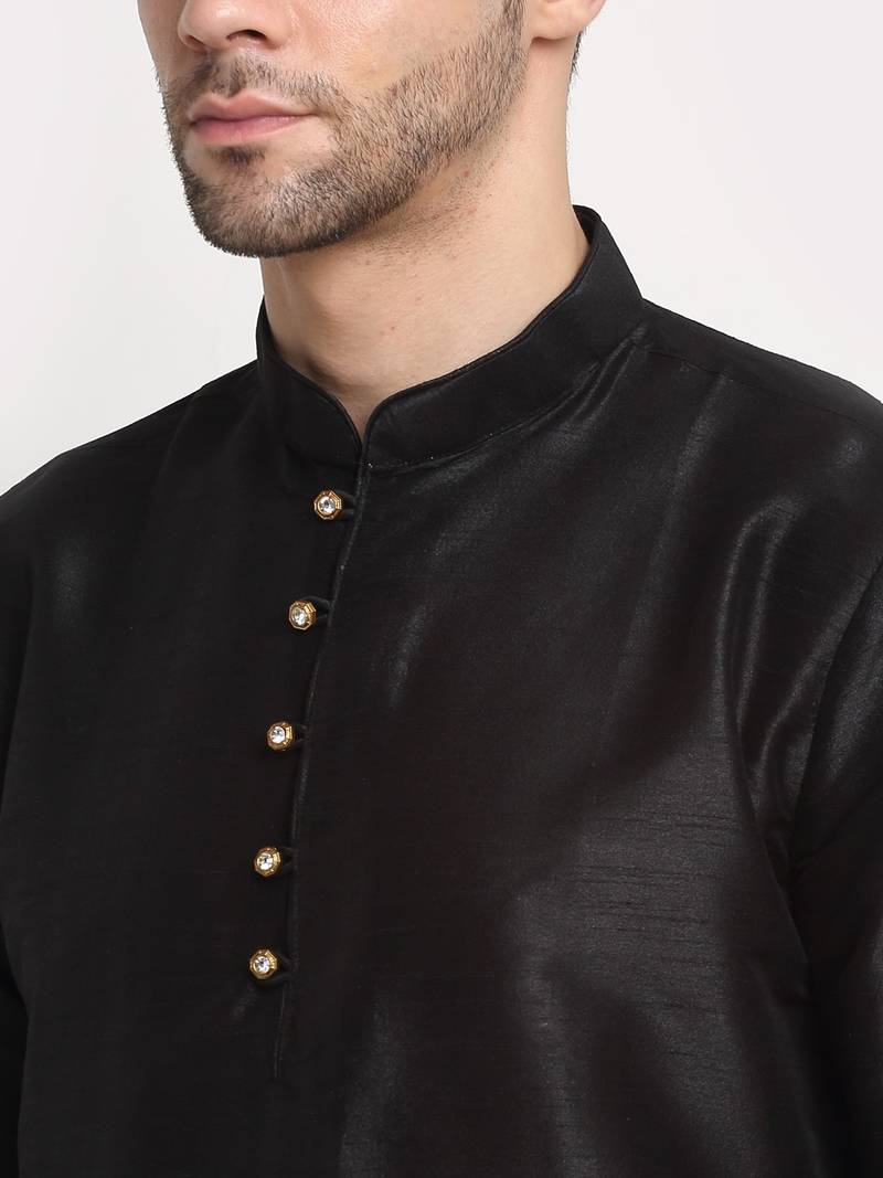 Black Silk Blend Kurta and churidar with Jacquard Peach Nehru jacket