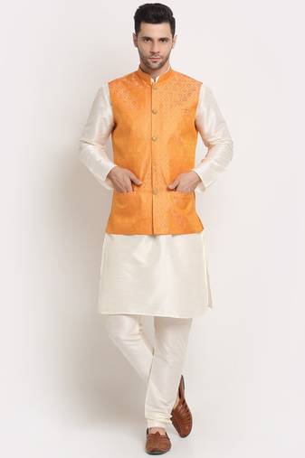 Cream Silk Blend Kurta and churidar with Jacquard Peach Nehru jacket