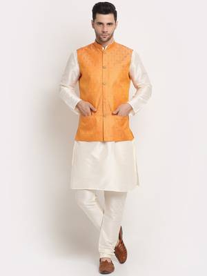 Cream Silk Blend Kurta and churidar with Jacquard Peach Nehru jacket 1