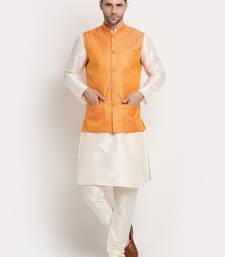 Cream Silk Blend Kurta and churidar with Jacquard Peach Nehru jacket