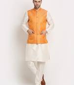 Cream Silk Blend Kurta and churidar with Jacquard Peach Nehru jacket