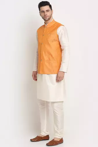 Cream Silk Blend Kurta and churidar with Jacquard Peach Nehru jacket