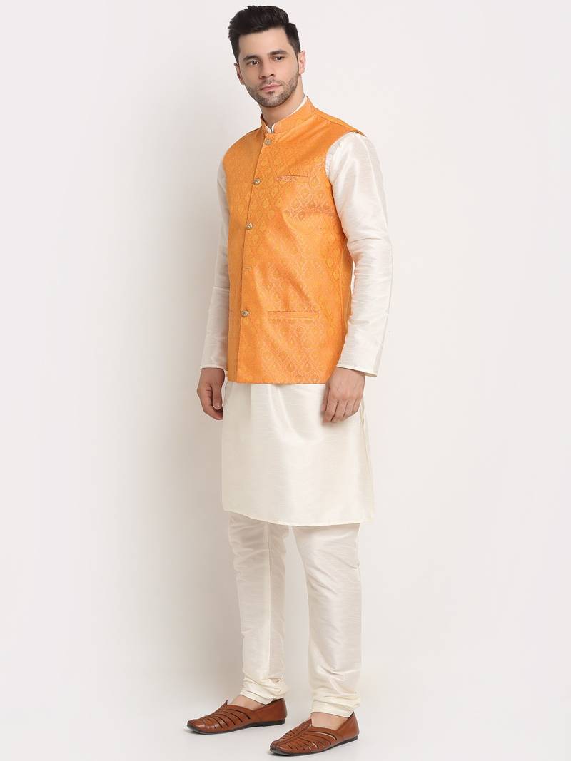 Cream Silk Blend Kurta and churidar with Jacquard Peach Nehru jacket