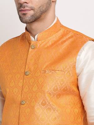 Cream Silk Blend Kurta and churidar with Jacquard Peach Nehru jacket 3