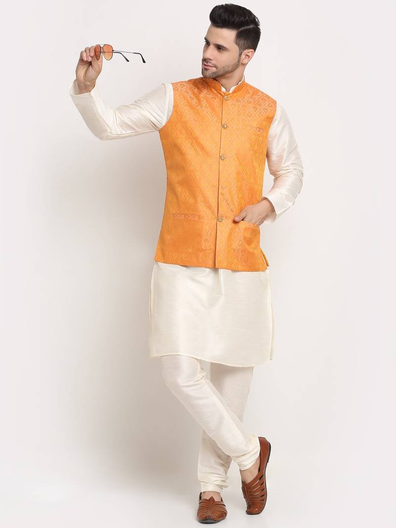 Cream Silk Blend Kurta and churidar with Jacquard Peach Nehru jacket