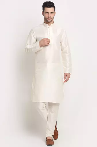 Cream Silk Blend Kurta and churidar with Jacquard Peach Nehru jacket