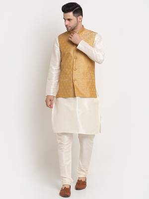Cream Silk Blend Kurta and churidar with Jacquard Gold Nehru jacket 1