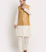 Cream Silk Blend Kurta and churidar with Jacquard Gold Nehru jacket