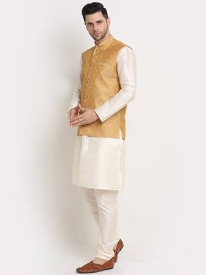 Cream Silk Blend Kurta and churidar with Jacquard Gold Nehru jacket 2