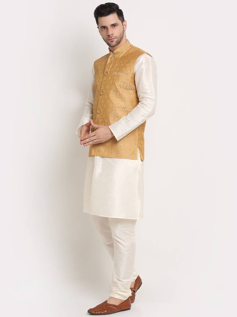Cream Silk Blend Kurta and churidar with Jacquard Gold Nehru jacket