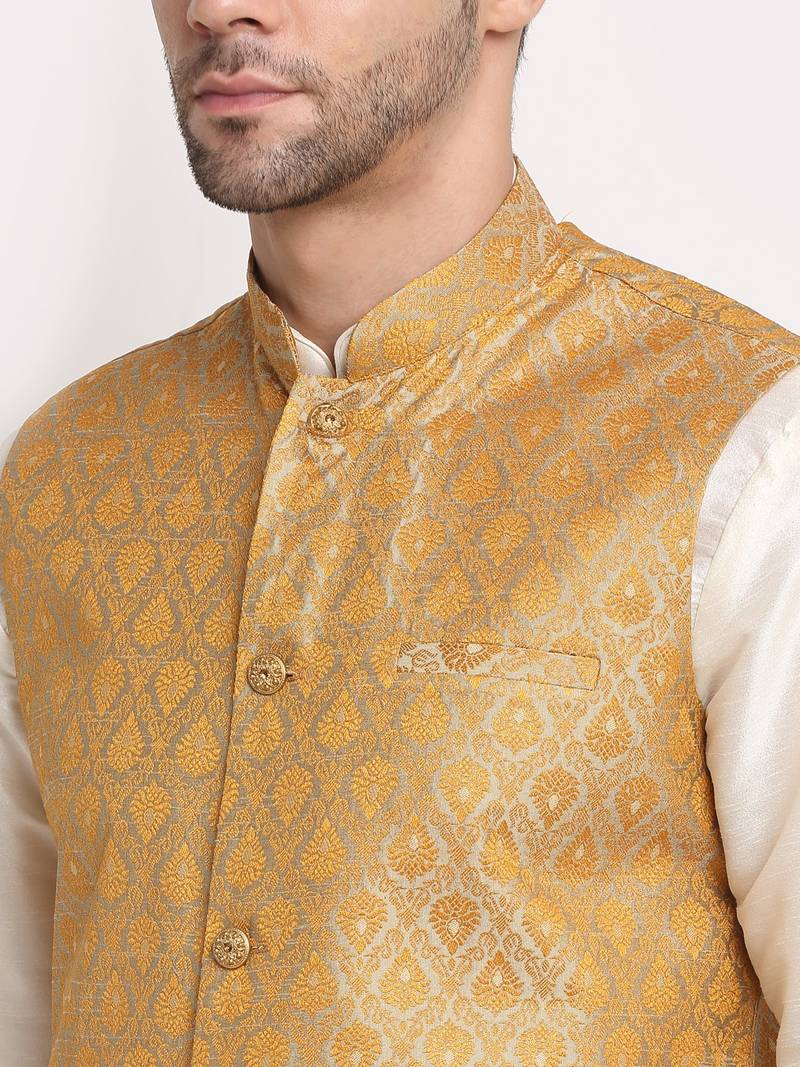 Cream Silk Blend Kurta and churidar with Jacquard Gold Nehru jacket