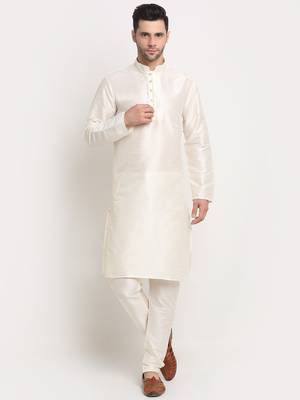 Cream Silk Blend Kurta and churidar with Jacquard Gold Nehru jacket 5