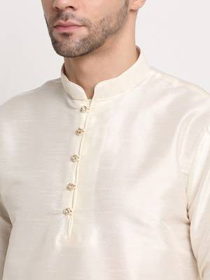 Cream Silk Blend Kurta and churidar with Jacquard Gold Nehru jacket 6