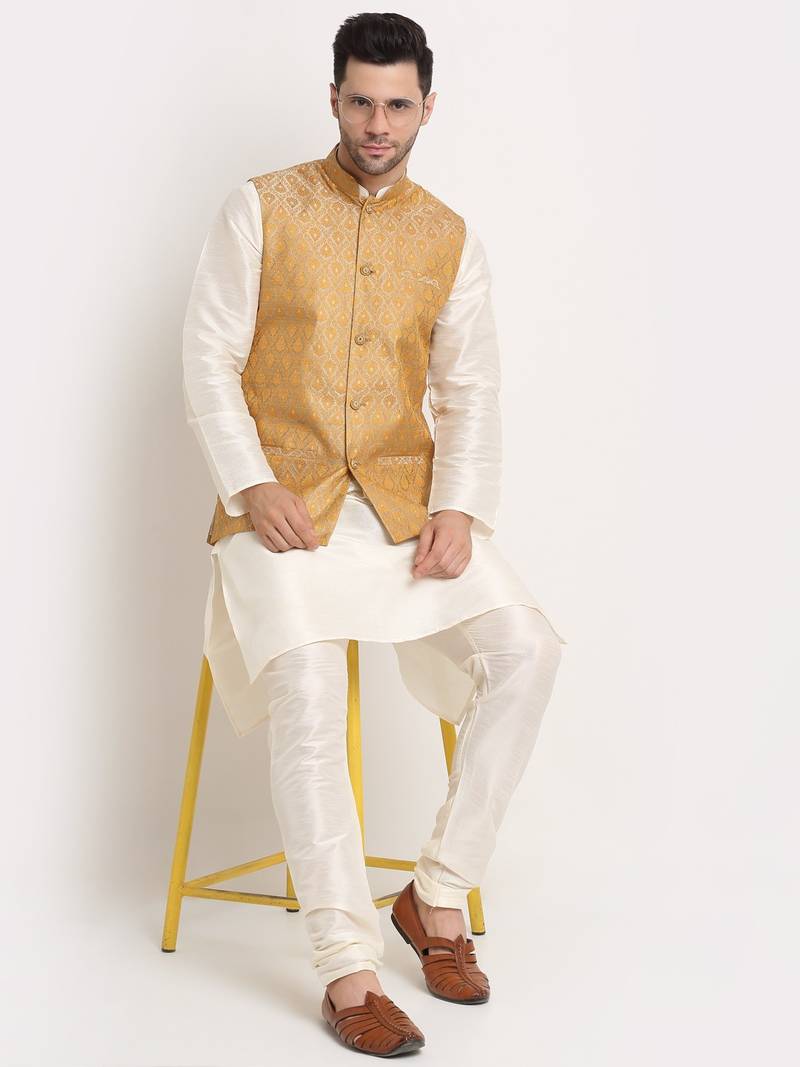 Cream Silk Blend Kurta and churidar with Jacquard Gold Nehru jacket