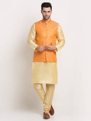 Fawn Silk Blend Kurta and churidar with Jacquard Peach Nehru jacket 1