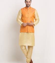 Fawn Silk Blend Kurta and churidar with Jacquard Peach Nehru jacket
