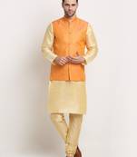 Fawn Silk Blend Kurta and churidar with Jacquard Peach Nehru jacket