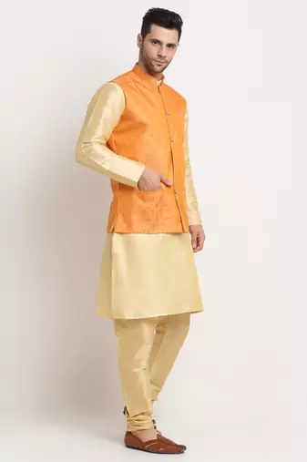 Fawn Silk Blend Kurta and churidar with Jacquard Peach Nehru jacket