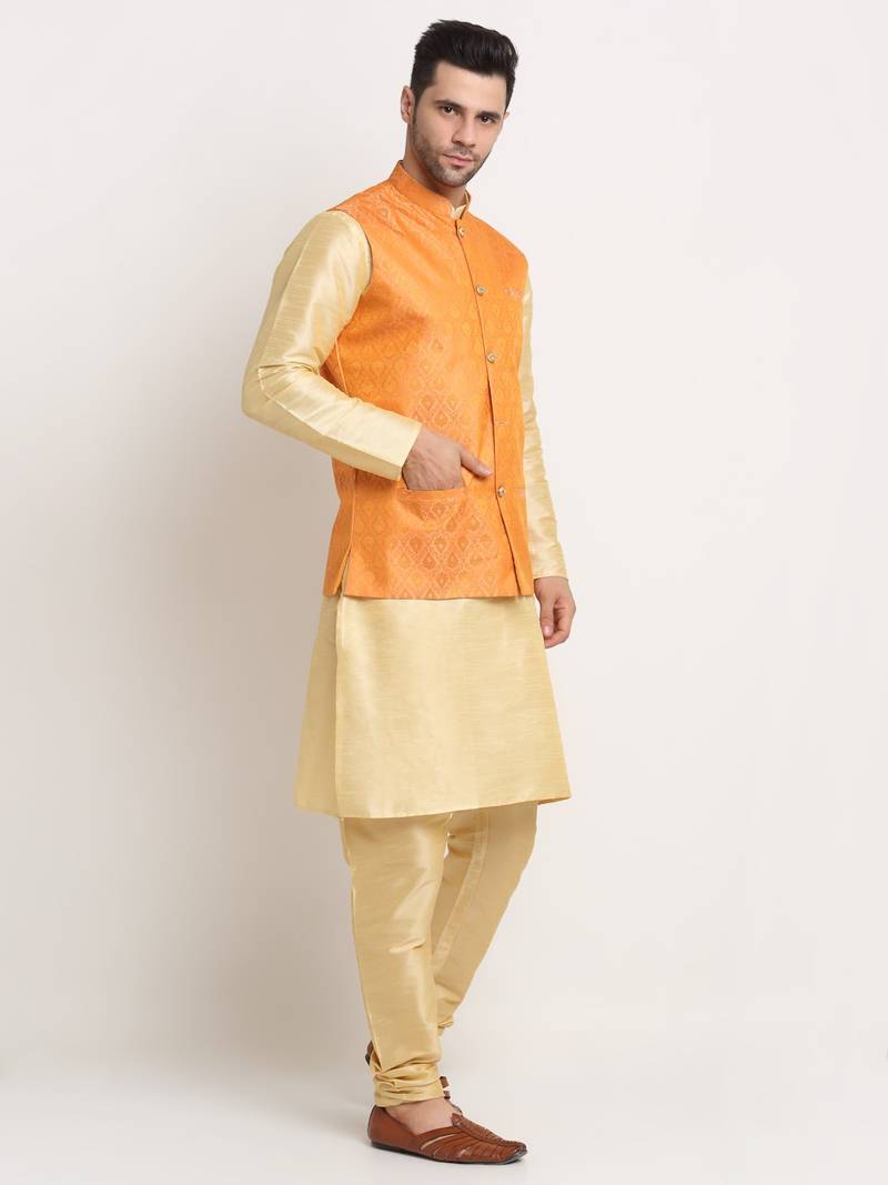 Fawn Silk Blend Kurta and churidar with Jacquard Peach Nehru jacket