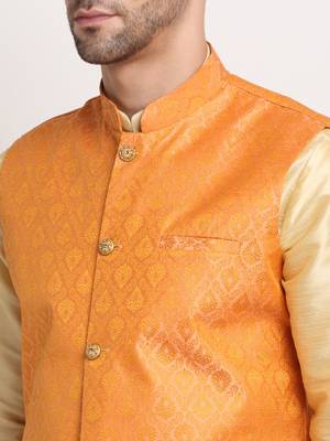 Fawn Silk Blend Kurta and churidar with Jacquard Peach Nehru jacket 3
