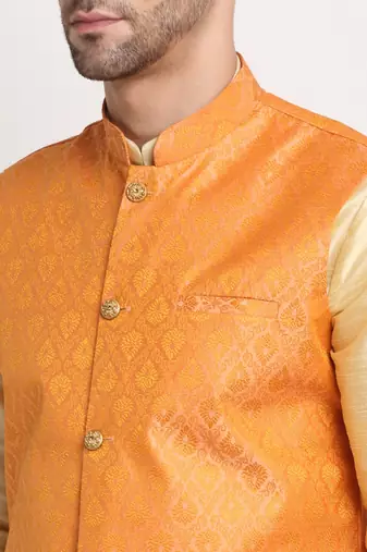 Fawn Silk Blend Kurta and churidar with Jacquard Peach Nehru jacket