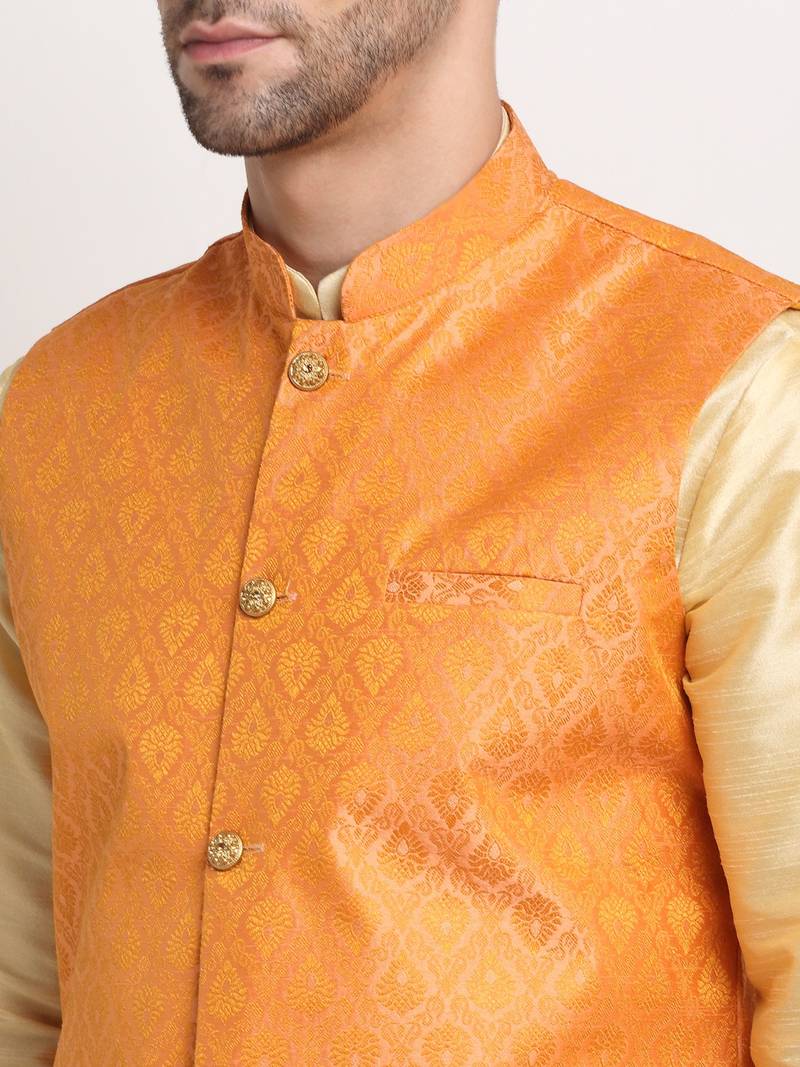 Fawn Silk Blend Kurta and churidar with Jacquard Peach Nehru jacket