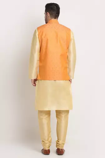 Fawn Silk Blend Kurta and churidar with Jacquard Peach Nehru jacket