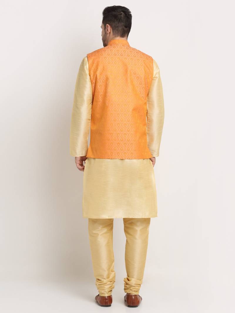 Fawn Silk Blend Kurta and churidar with Jacquard Peach Nehru jacket