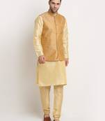 Fawn Silk Blend Kurta and churidar with Jacquard Gold Nehru jacket