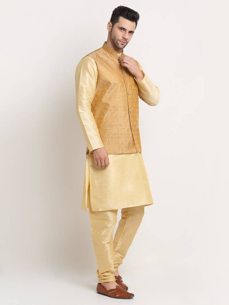 Fawn Silk Blend Kurta and churidar with Jacquard Gold Nehru jacket