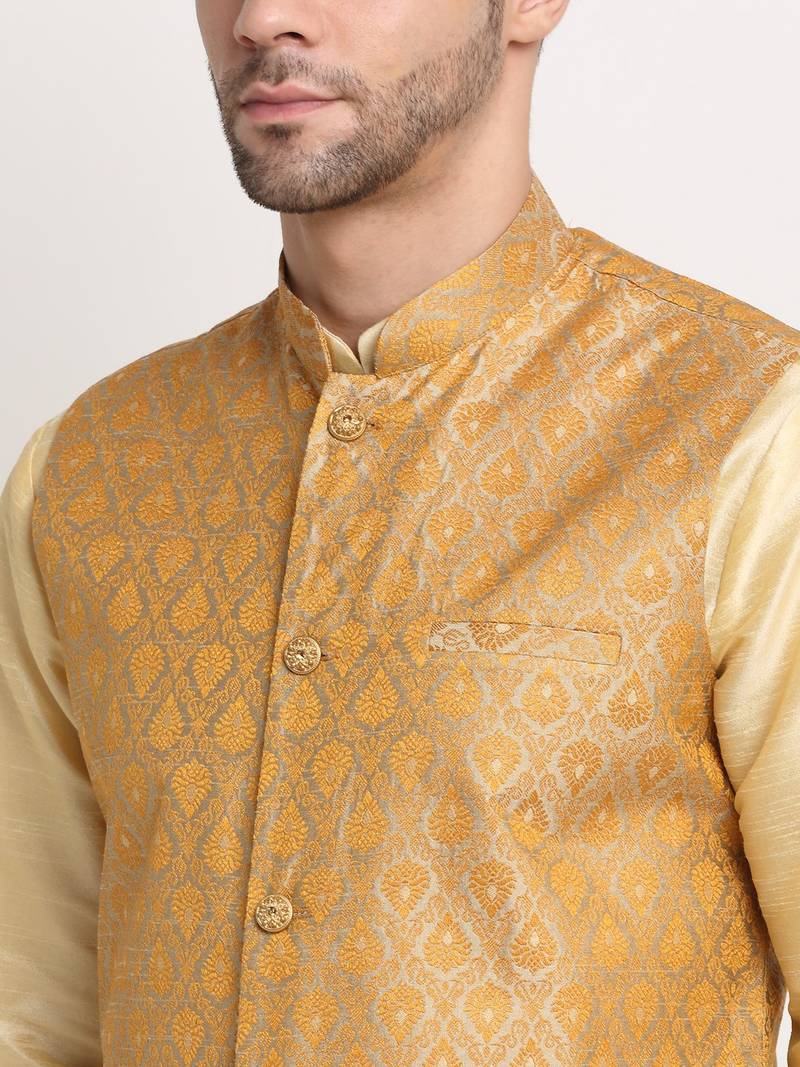 Fawn Silk Blend Kurta and churidar with Jacquard Gold Nehru jacket