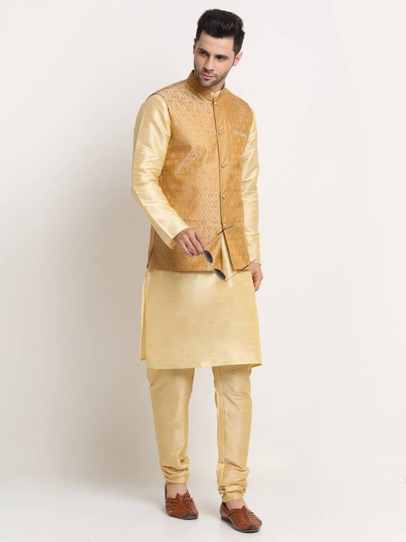 Fawn Silk Blend Kurta and churidar with Jacquard Gold Nehru jacket
