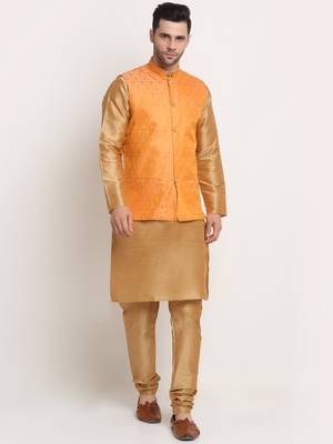 Gold Silk Blend Kurta and churidar with Jacquard Peach Nehru jacket 1