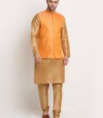 Gold Silk Blend Kurta and churidar with Jacquard Peach Nehru jacket