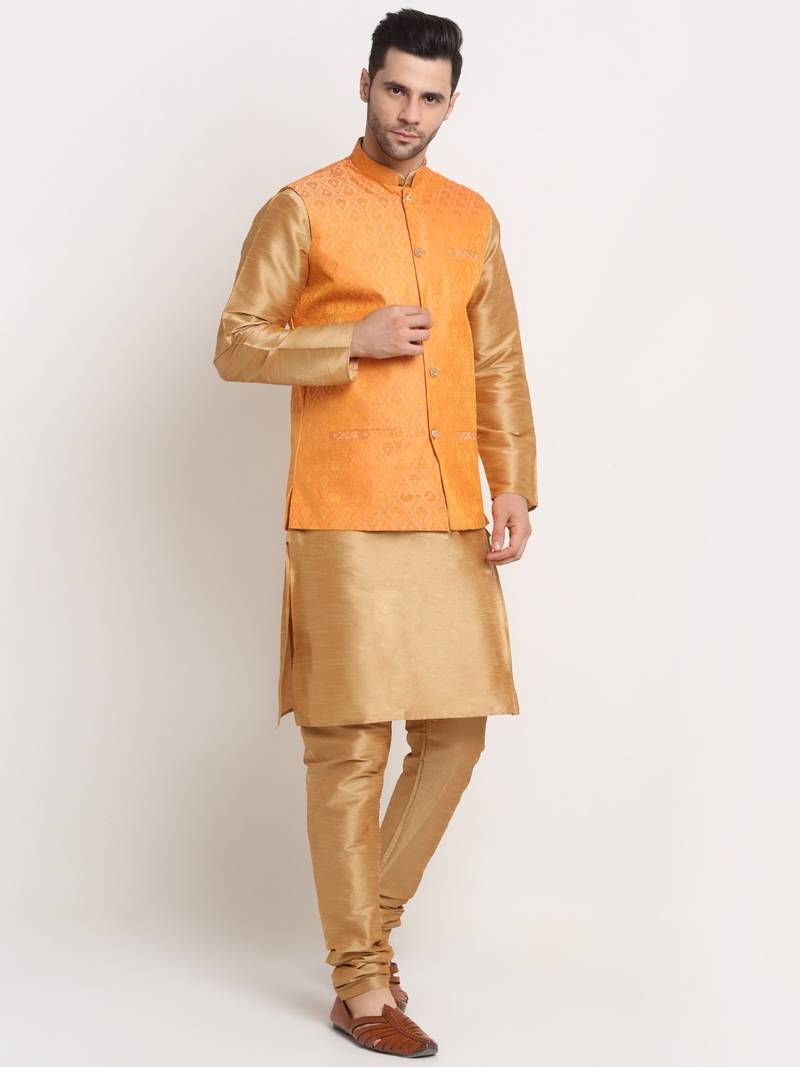 Gold Silk Blend Kurta and churidar with Jacquard Peach Nehru jacket