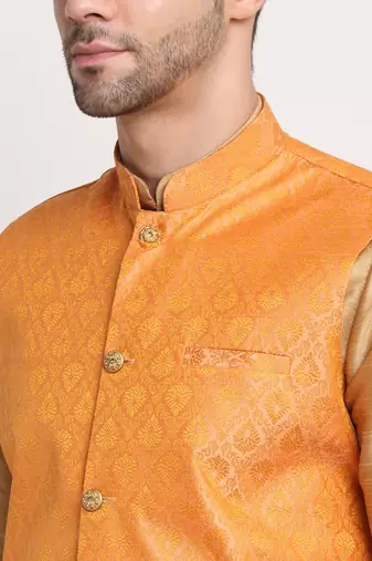 Gold Silk Blend Kurta and churidar with Jacquard Peach Nehru jacket