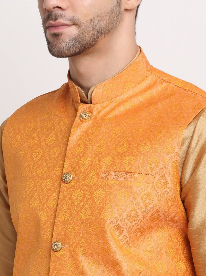 Gold Silk Blend Kurta and churidar with Jacquard Peach Nehru jacket