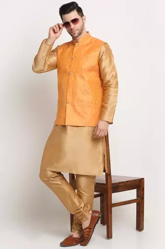 Gold Silk Blend Kurta and churidar with Jacquard Peach Nehru jacket