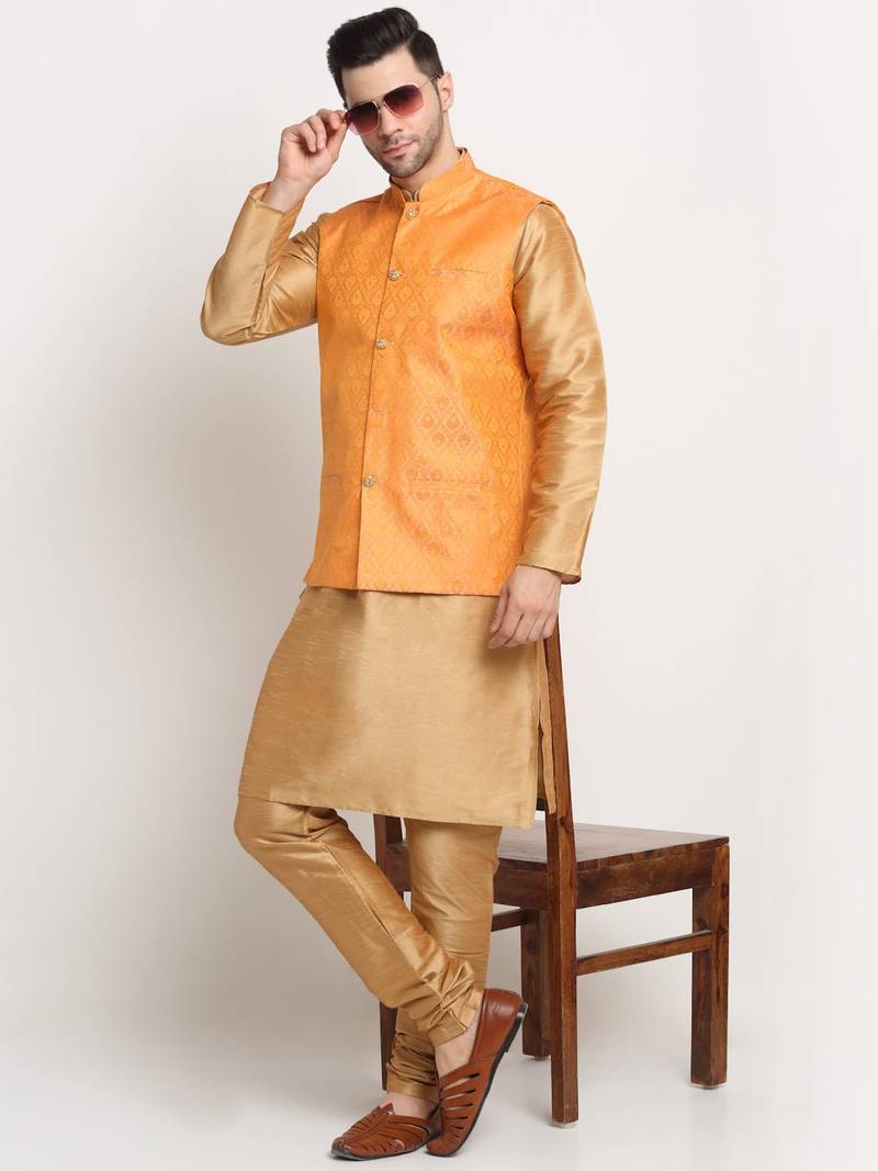 Gold Silk Blend Kurta and churidar with Jacquard Peach Nehru jacket