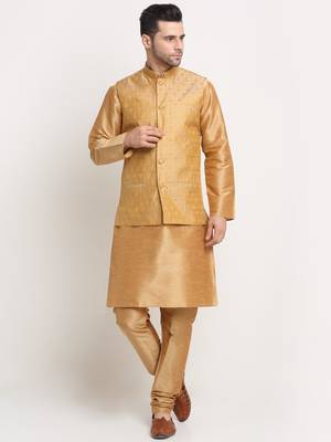 Gold Silk Blend Kurta and churidar with Jacquard Gold Nehru jacket 1