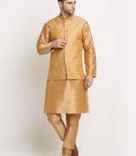 Gold Silk Blend Kurta and churidar with Jacquard Gold Nehru jacket