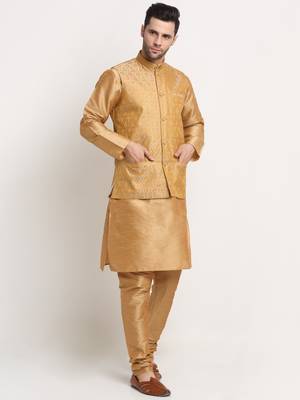 Gold Silk Blend Kurta and churidar with Jacquard Gold Nehru jacket 2