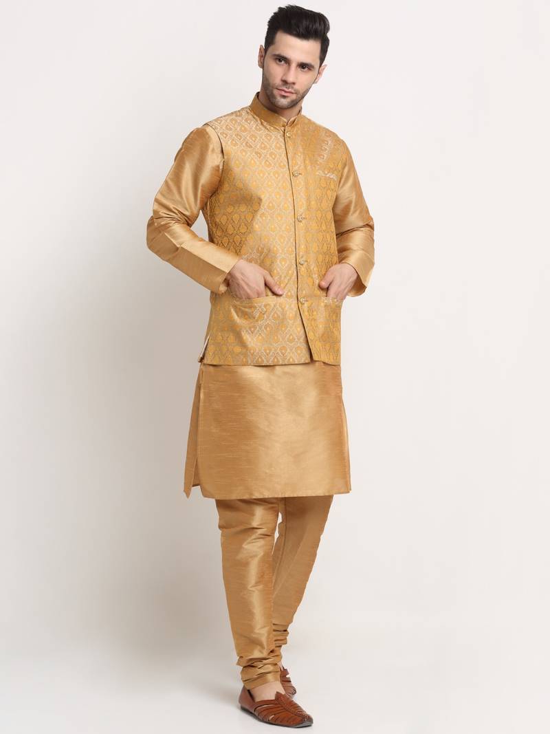 Gold Silk Blend Kurta and churidar with Jacquard Gold Nehru jacket