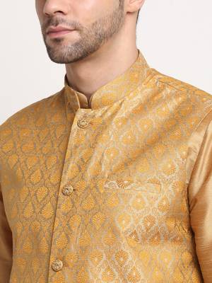 Gold Silk Blend Kurta and churidar with Jacquard Gold Nehru jacket 3
