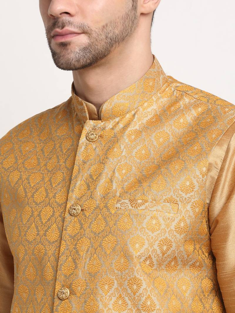 Gold Silk Blend Kurta and churidar with Jacquard Gold Nehru jacket