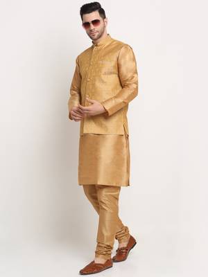 Gold Silk Blend Kurta and churidar with Jacquard Gold Nehru jacket 4