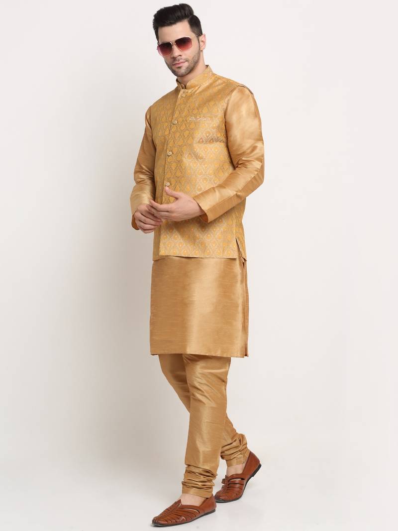 Gold Silk Blend Kurta and churidar with Jacquard Gold Nehru jacket